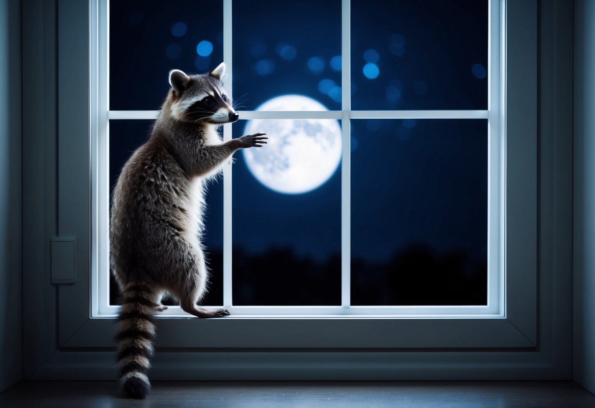 A raccoon stands on its hind legs, staring with curiosity at the viewer through a window on a dark, moonlit night