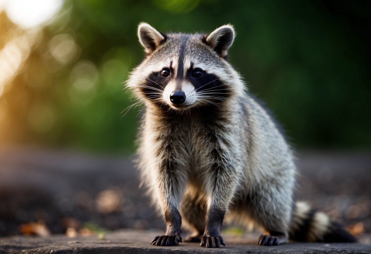 A raccoon stands on its hind legs, its masked face turned towards the viewer with curious, intelligent eyes. Its body is tense, ready to react at any moment