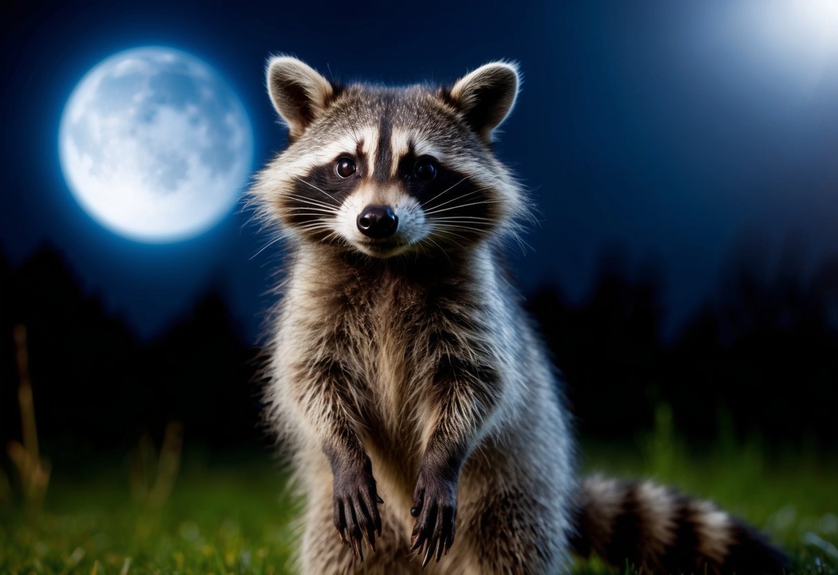 A raccoon stands on its hind legs, gazing curiously at the viewer with its masked face and dark, inquisitive eyes. The night surrounds it, with shadows and moonlight casting an eerie glow