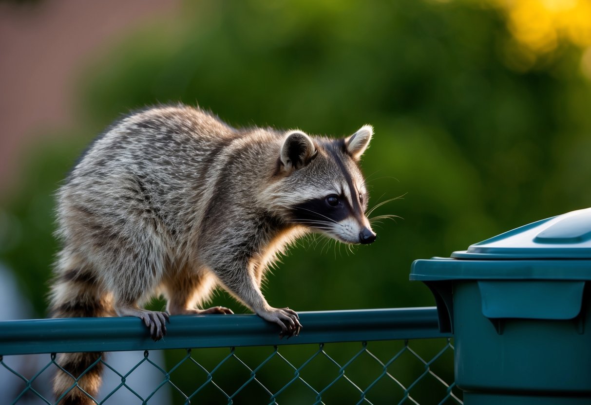 A raccoon perched on a fence, peering intently at a securely latched garbage can nearby
