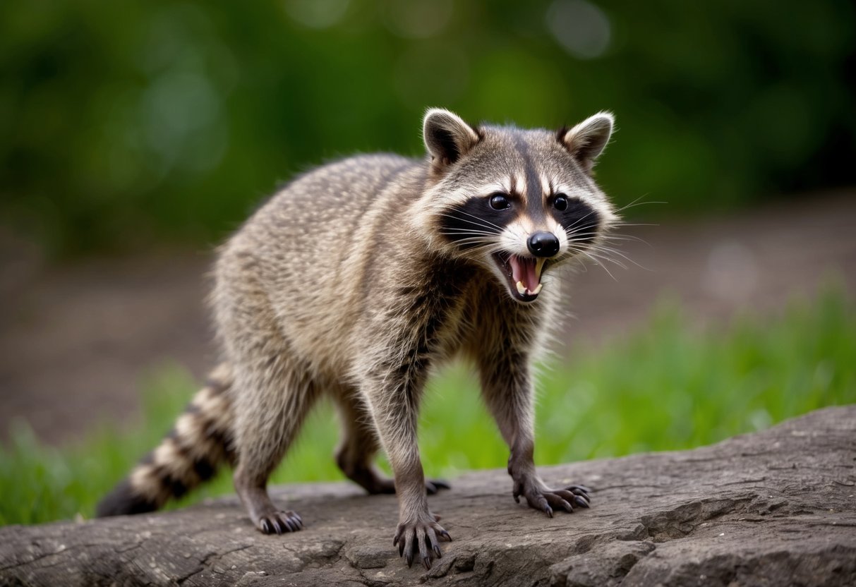 A raccoon stands on hind legs, foaming at the mouth, with disoriented movements and aggressive behavior