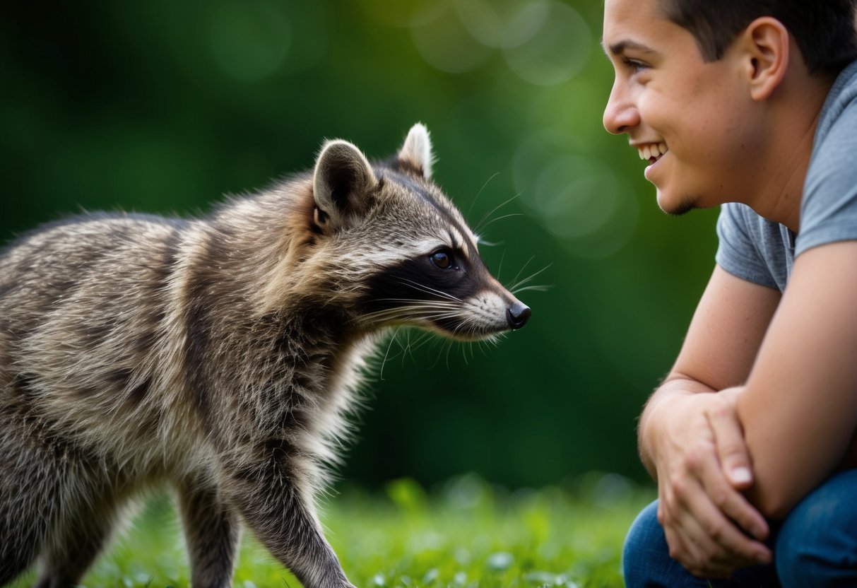 A raccoon cautiously approaches a human, sniffing the air with curiosity. The human watches with a mixture of caution and amusement