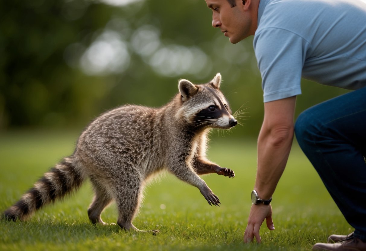A raccoon cautiously approaches a human, standing on its hind legs and sniffing the air with curiosity. The human observes the raccoon from a distance