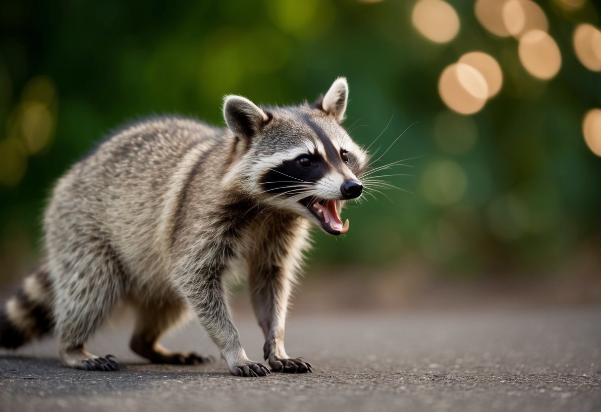 A raccoon with disoriented behavior, foaming at the mouth, and aggressive towards other animals