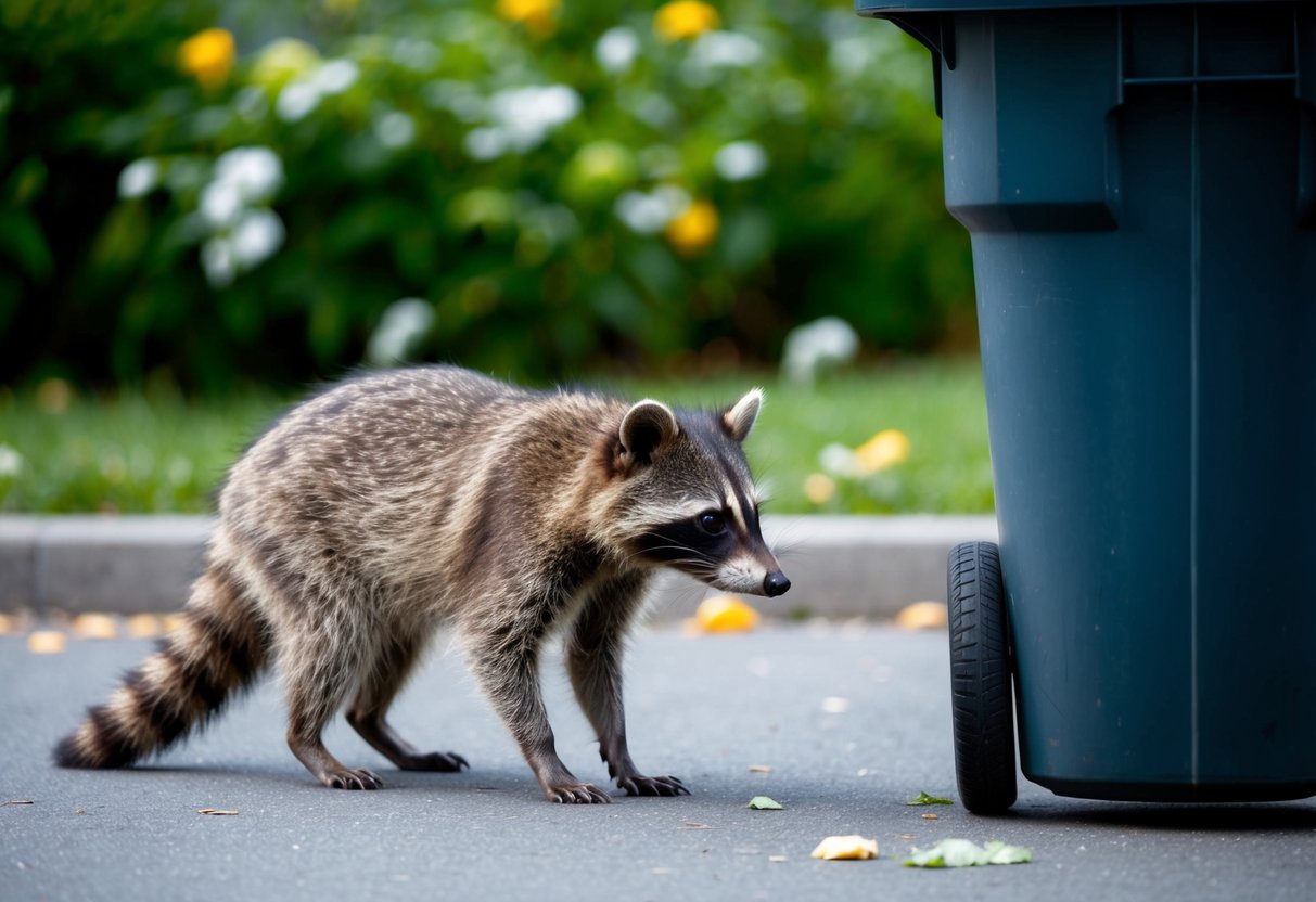 A raccoon cautiously approaches a human-populated area, inspecting a trash can for food scraps
