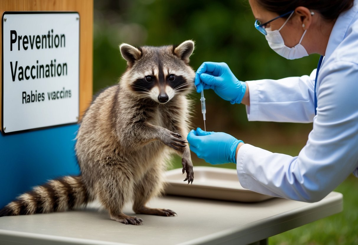 A raccoon stands near a sign with the words "Prevention and Vaccination" while a veterinarian administers a rabies vaccine