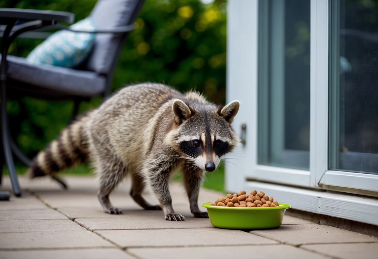 A raccoon cautiously approaches a backyard patio, eyeing a bowl of pet food left out by the door