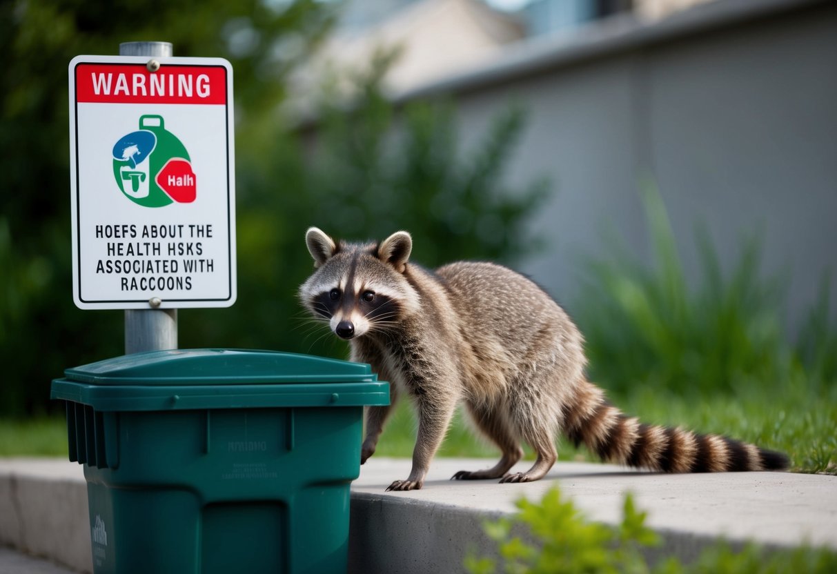 A raccoon standing near a trash can, with a warning sign about the health risks associated with raccoons in the background