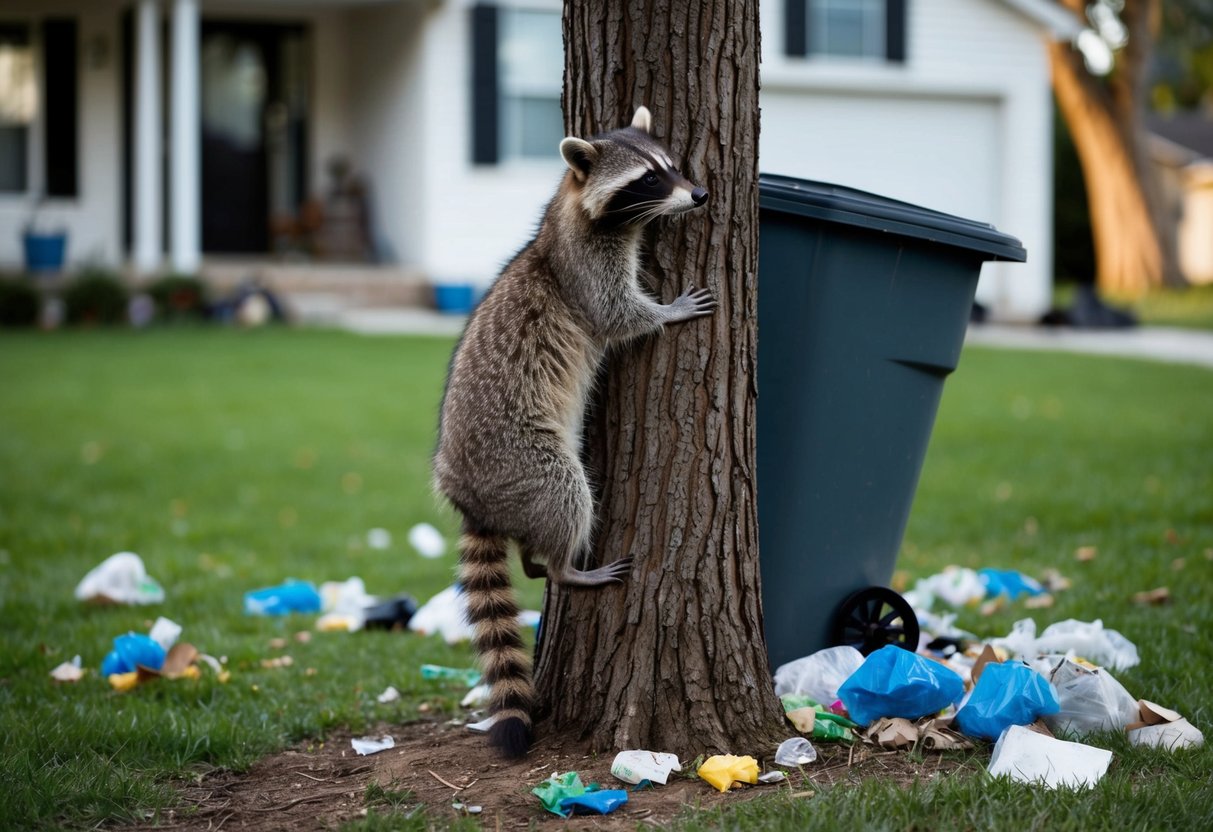 A raccoon climbing a tree near a house, with a garbage can tipped over and scattered trash on the ground