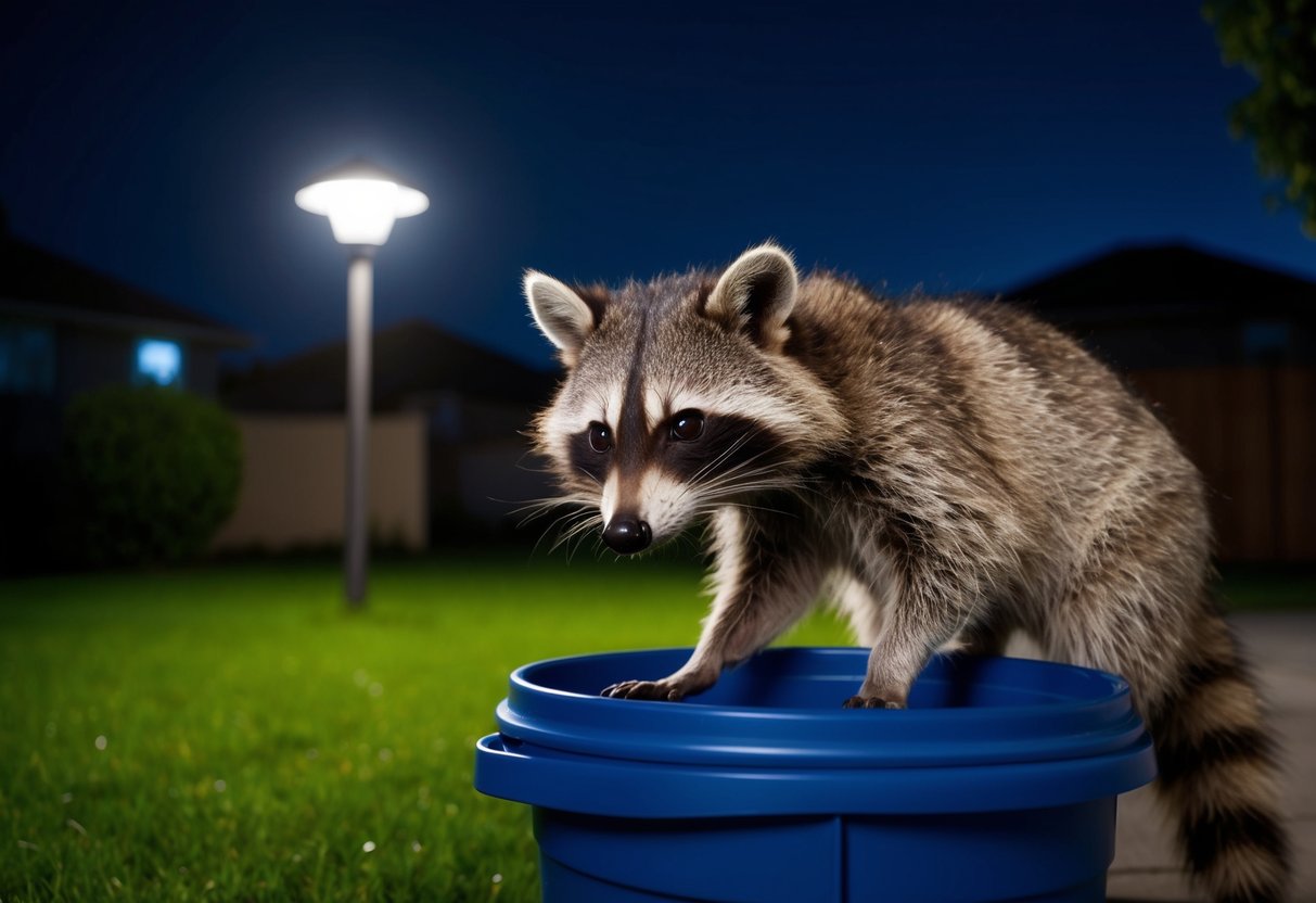 A raccoon rummages through a trash can in a suburban backyard at night, its masked face illuminated by the glow of a streetlamp