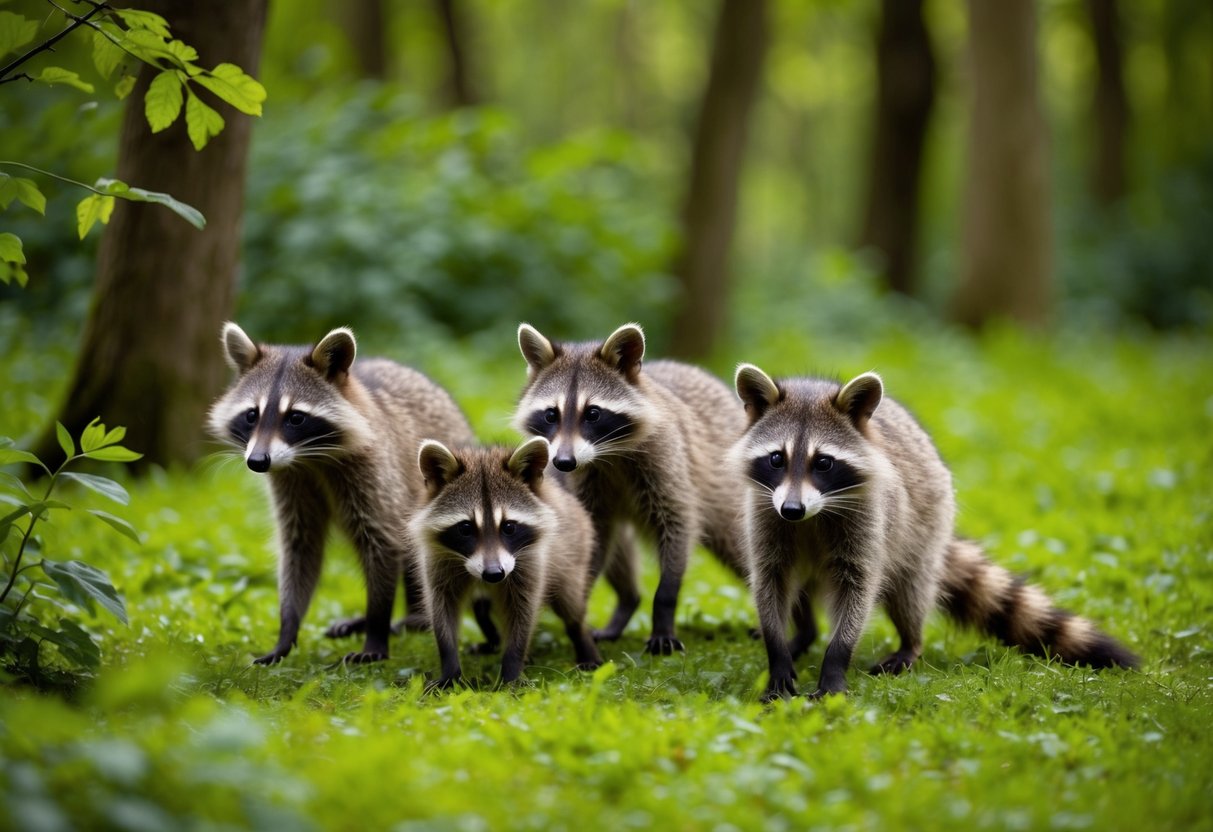 A family of raccoons foraging in a lush, green forest in the UK