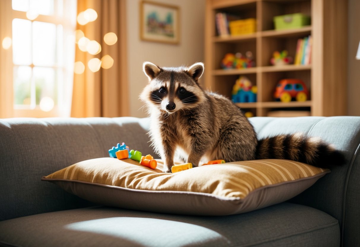 A raccoon sits on a cozy pillow in a living room, surrounded by toys and treats. The room is filled with warm sunlight streaming through the windows