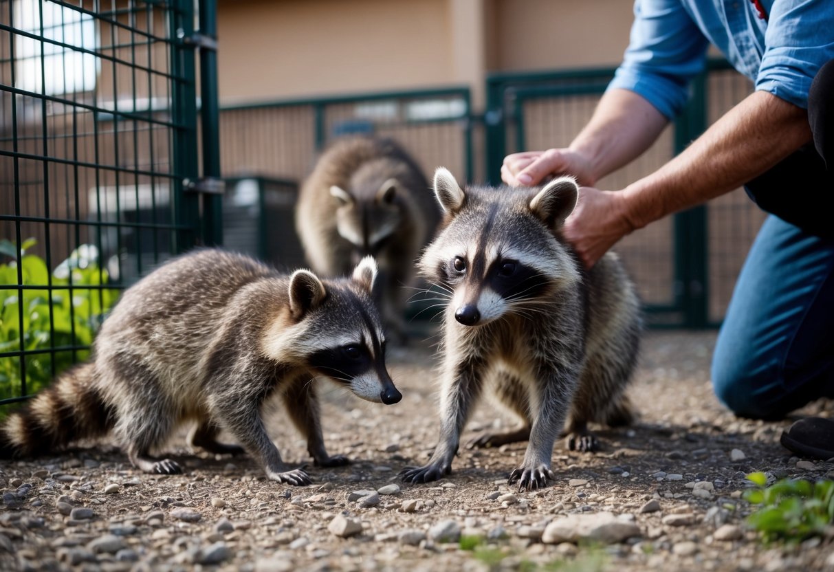 Raccoons foraging in urban environment, interacting with humans. Wildlife rehabilitation center with raccoons in enclosures