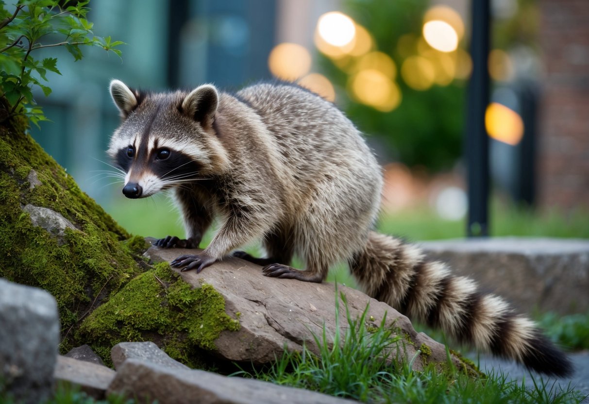 A raccoon navigating through a variety of urban and natural environments, showcasing its adaptability and intelligence