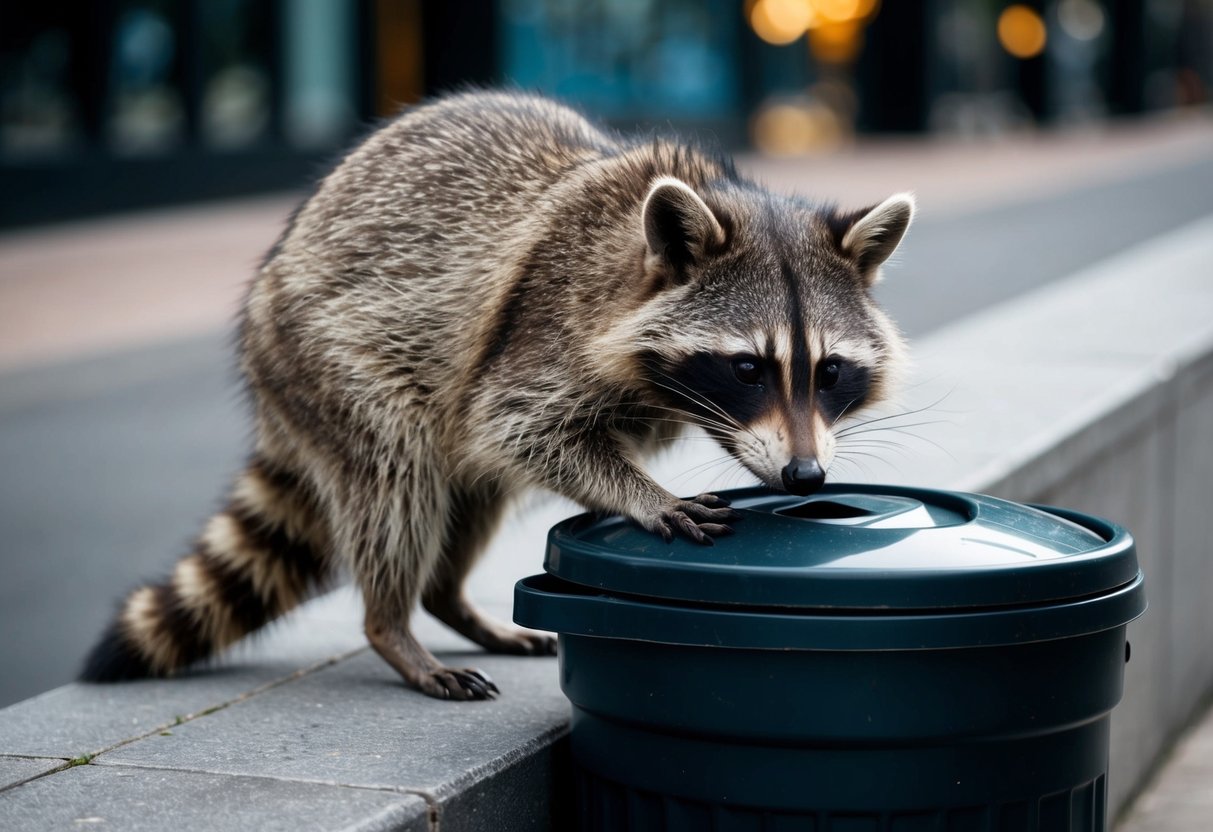 A raccoon cautiously sniffs at a trash can, its masked face and ringed tail distinctive against the urban backdrop
