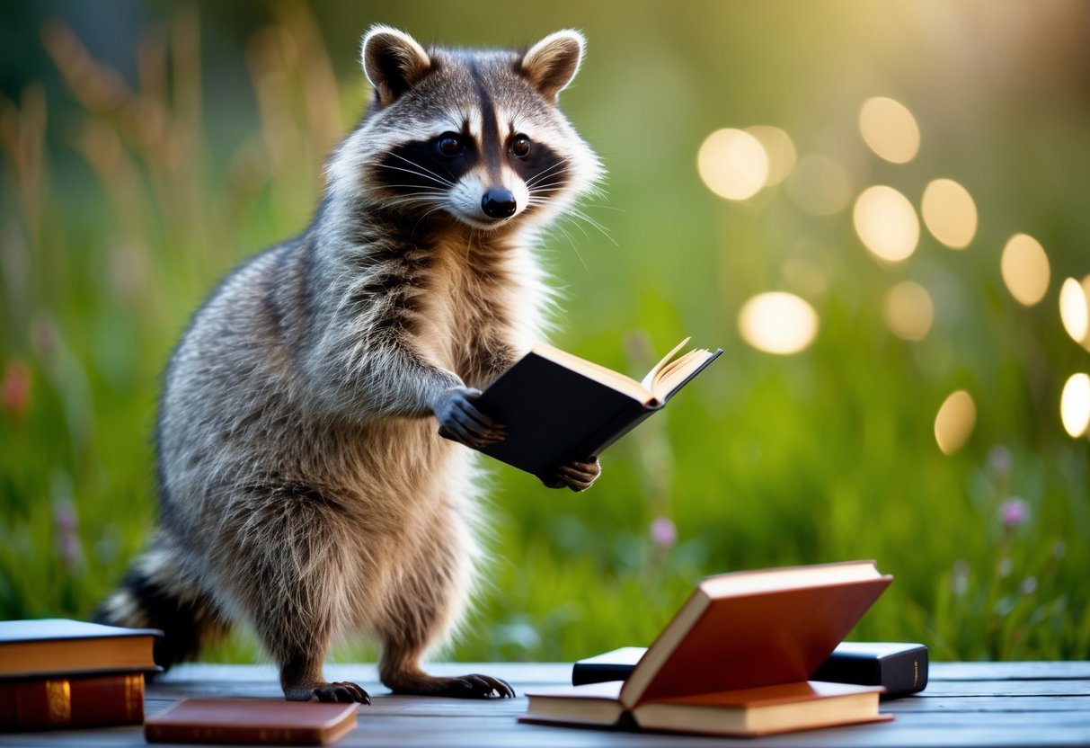 A raccoon stands on hind legs, wearing glasses and holding a book, surrounded by various objects demonstrating problem-solving skills