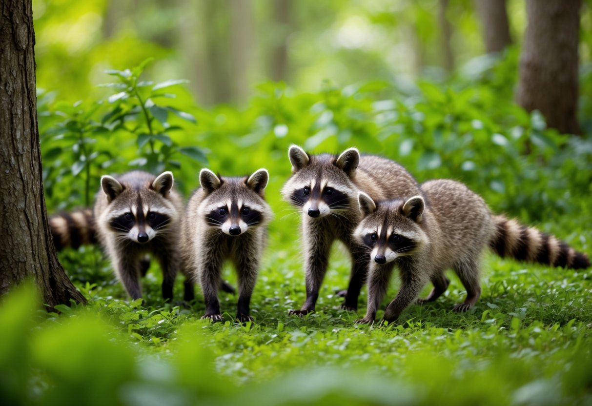 A raccoon family explores a lush forest, their distinctive black masks and ringed tails standing out against the green foliage
