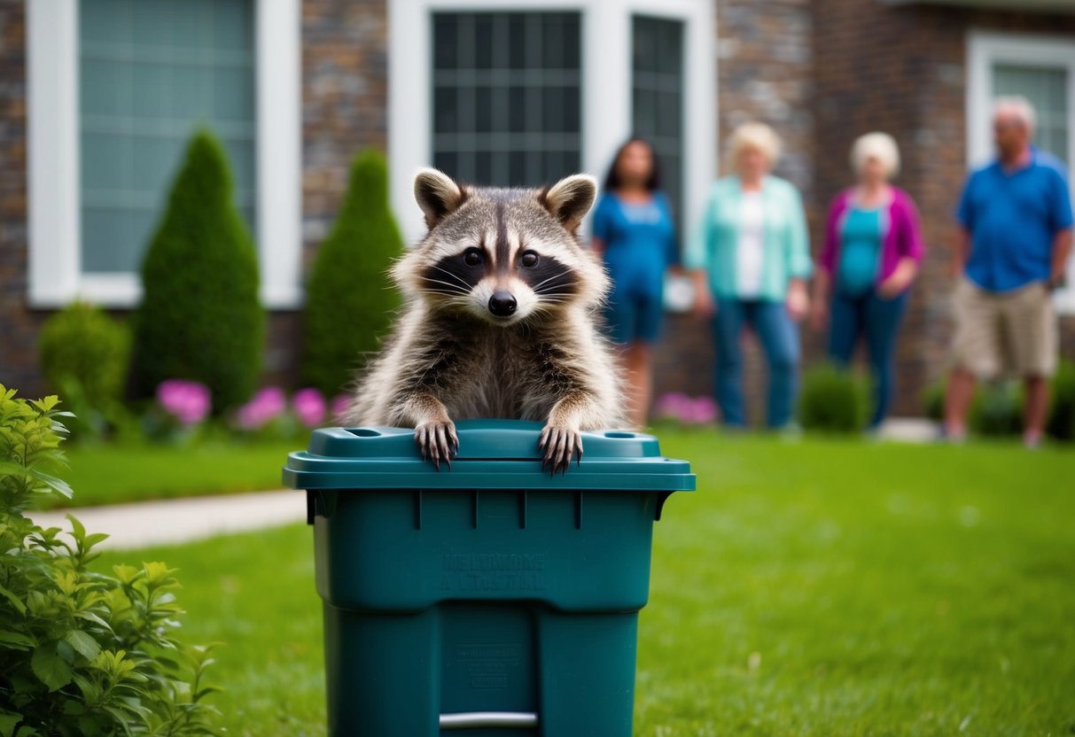 A raccoon peeks out from behind a trash can in a suburban garden, with curious onlookers watching from their windows