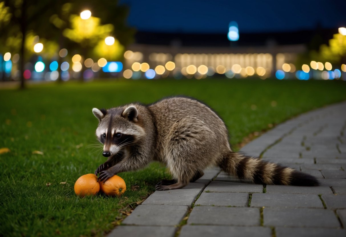 A raccoon foraging for food near a European city park at night