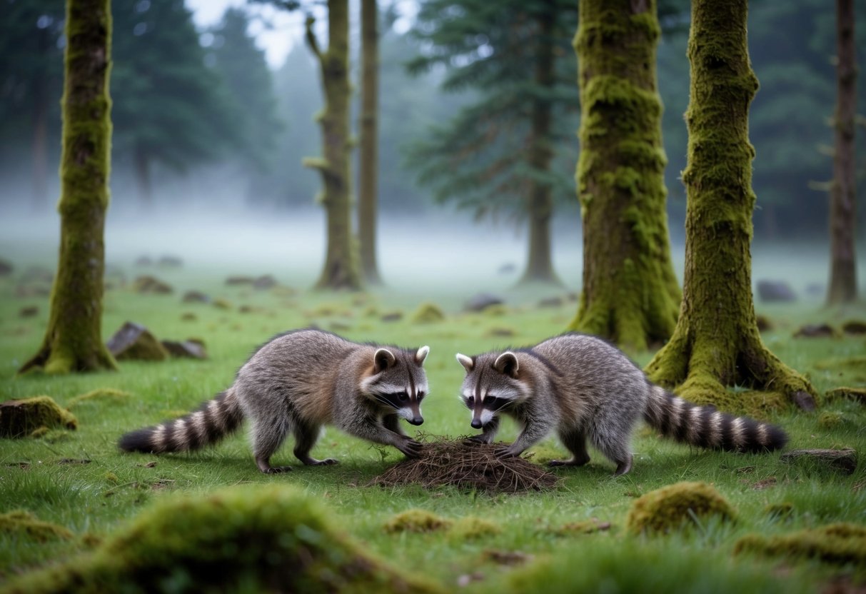 Two raccoons playfully forage in a lush Scottish forest, surrounded by moss-covered trees and a gentle mist settling over the landscape