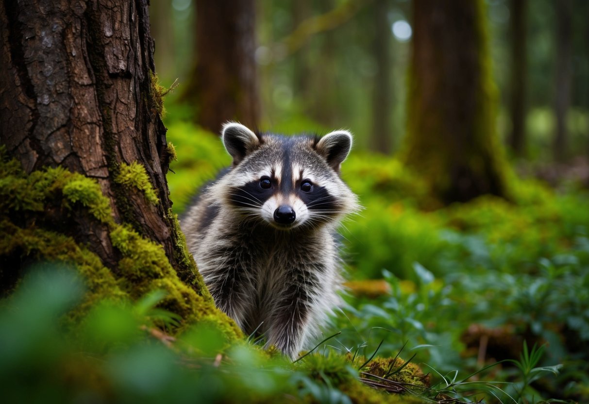 A raccoon peers out from a lush forest in Scotland, surrounded by vibrant greenery and moss-covered trees