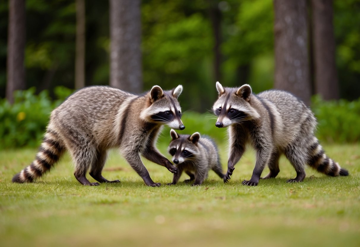 A family of raccoons playing near a lush forest in Scotland