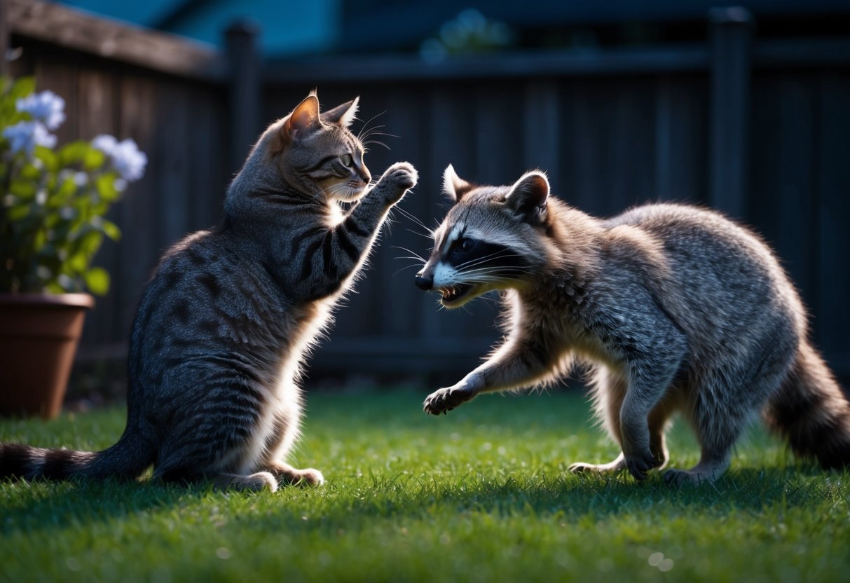 A cat hisses and swipes at a raccoon, fur bristling, as the two animals face off in a dimly lit backyard