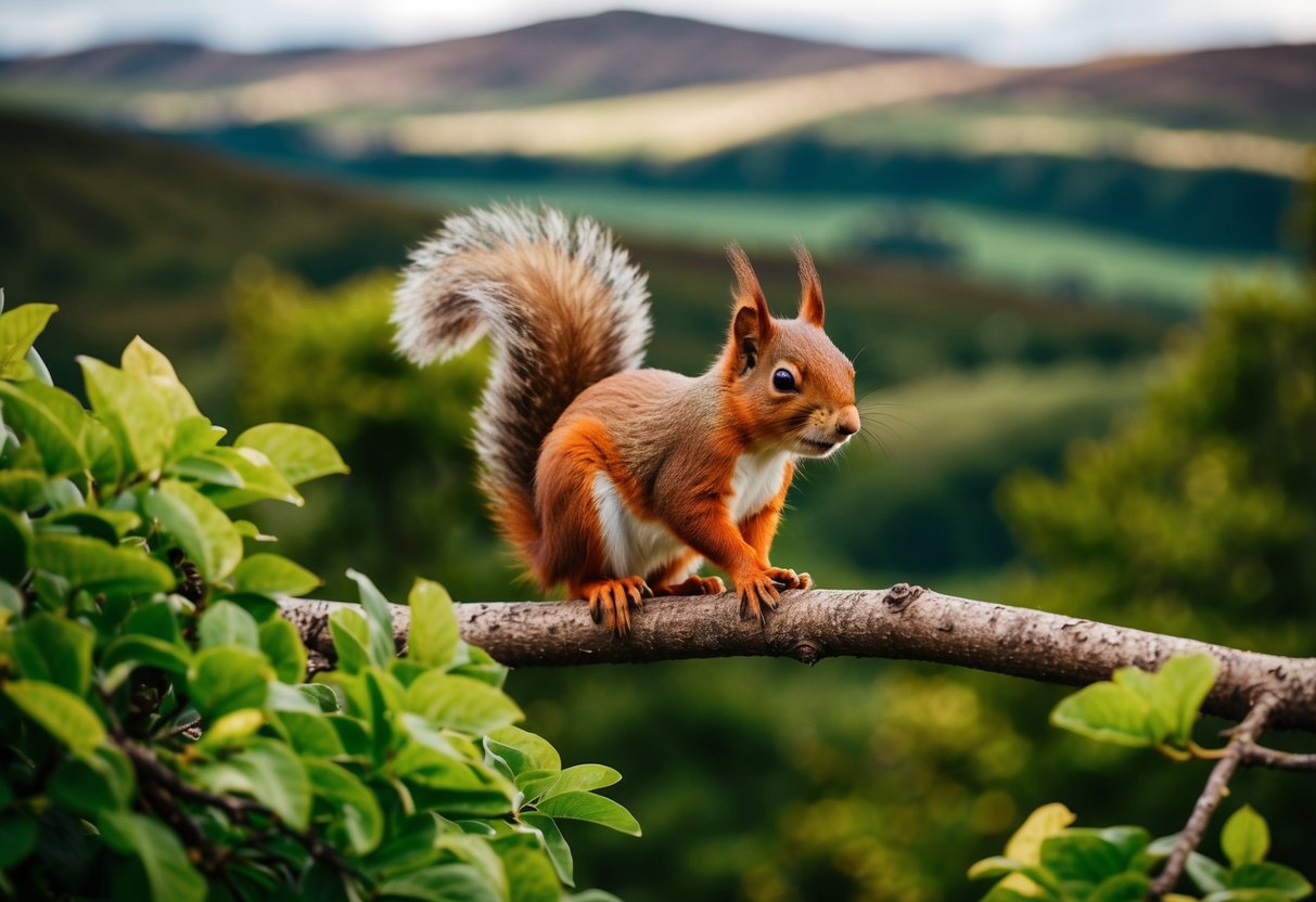 A red squirrel perched on a branch, surrounded by lush green foliage and a backdrop of rolling hills in the Scottish Highlands