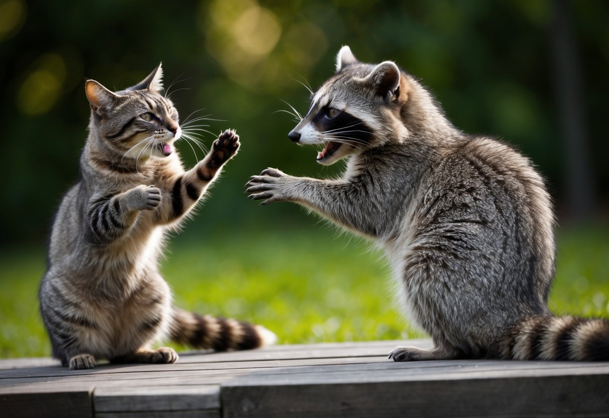 A cat hisses and swipes at a raccoon, its back arched and fur standing on end. The raccoon snarls and raises its paws defensively