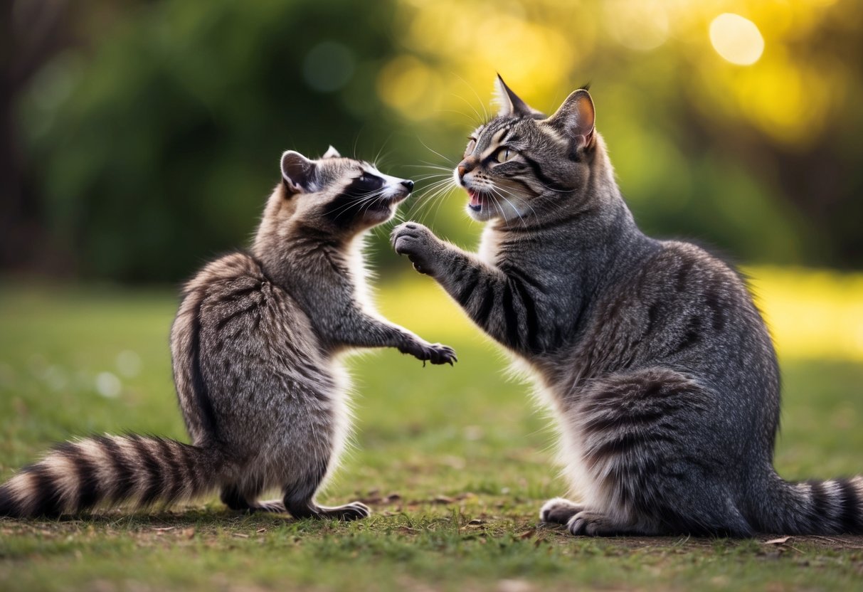 A cat puffs up, arching its back and hissing at a raccoon, claws out and ready to defend its territory