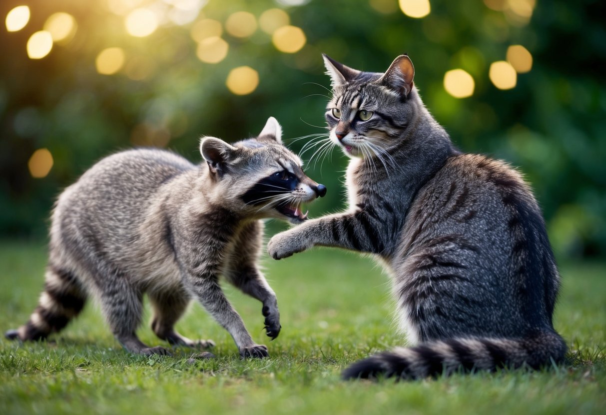 A cat arches its back, hissing at a raccoon approaching with raised fur and bared teeth