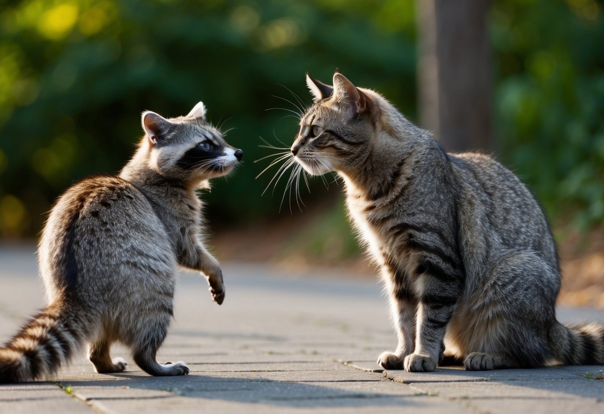 A confident cat puffs up and hisses at a wary raccoon, standing its ground to prevent a potential fight
