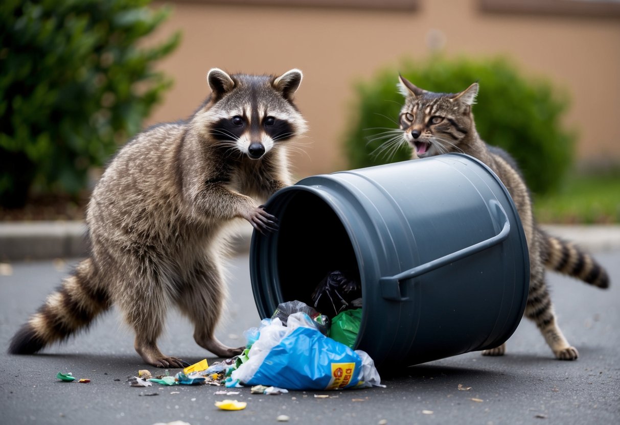 A raccoon knocks over a trash can, scattering garbage. Nearby, a frightened cat hisses at the raccoon, reinforcing its bad reputation