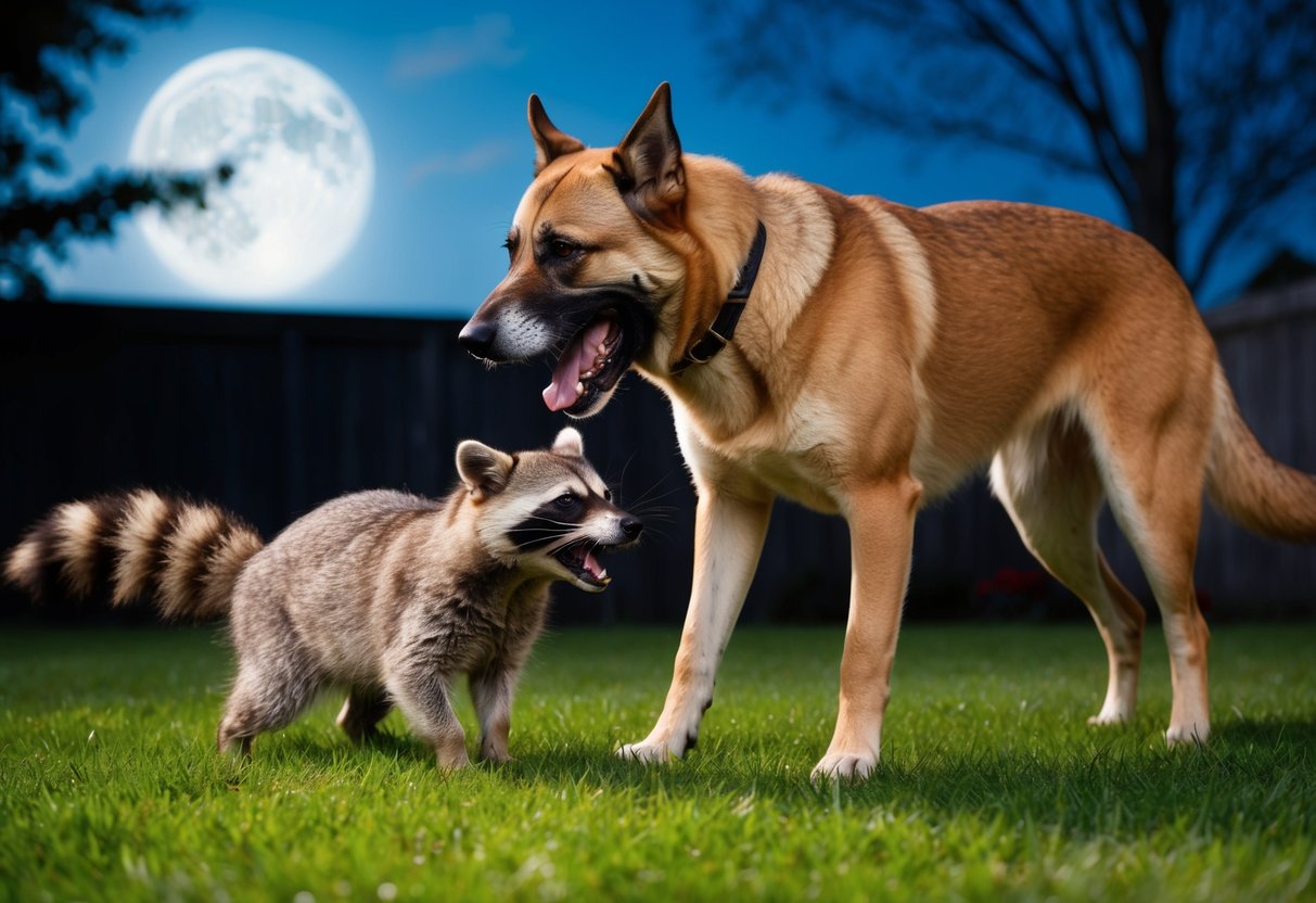 A large dog fiercely defends its territory against a snarling raccoon in the moonlit backyard