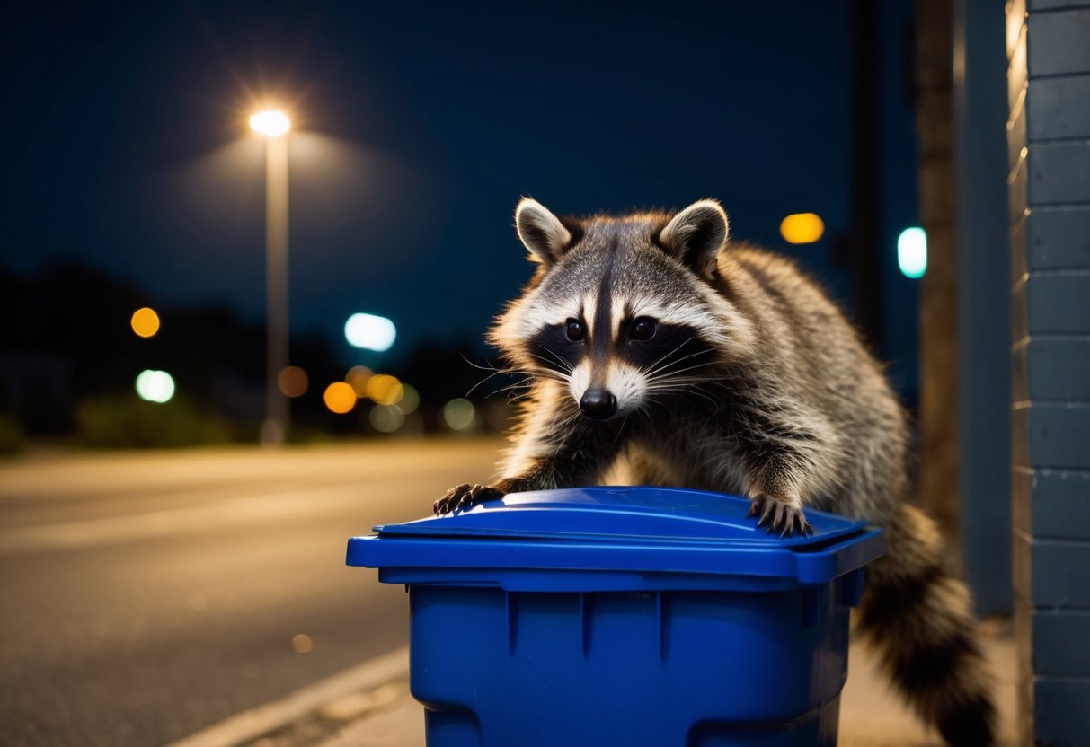 A raccoon rummages through a trash can at night, its masked face illuminated by the dim glow of a streetlight