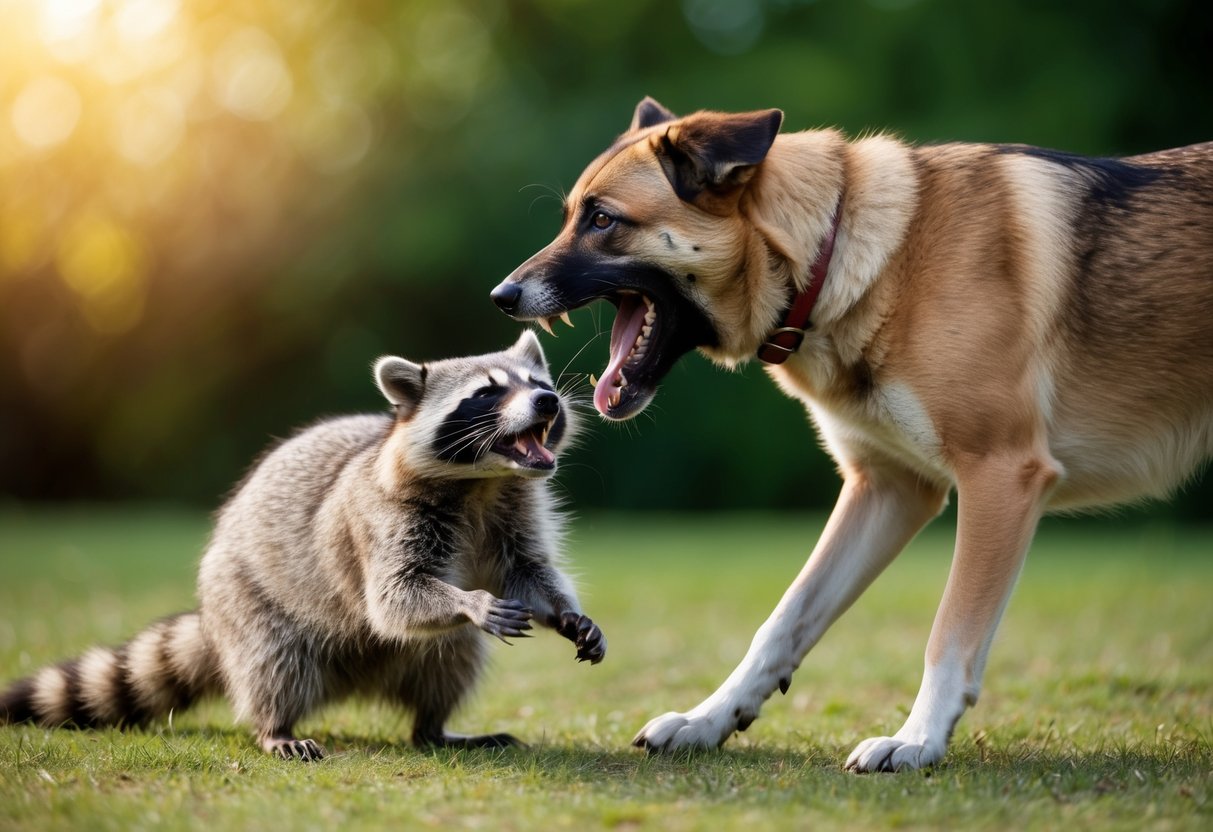 A large dog snarls at a raccoon, baring its teeth and lunging forward as the raccoon hisses and bares its own sharp teeth in defense