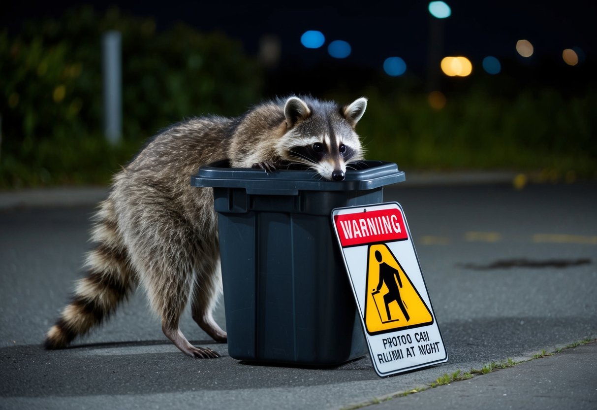A raccoon rummaging through a trash can at night, with a warning sign nearby