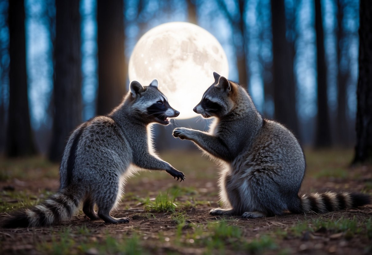 A raccoon and a cat playfully interact in a moonlit forest clearing