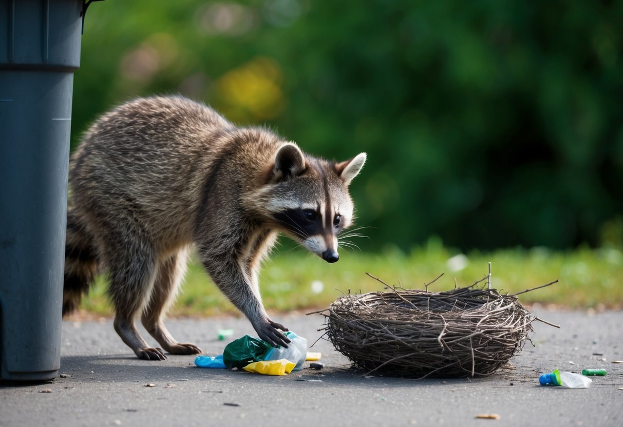 A raccoon rummages through a trash can, scattering garbage. Nearby, a distressed bird's nest lies empty on the ground