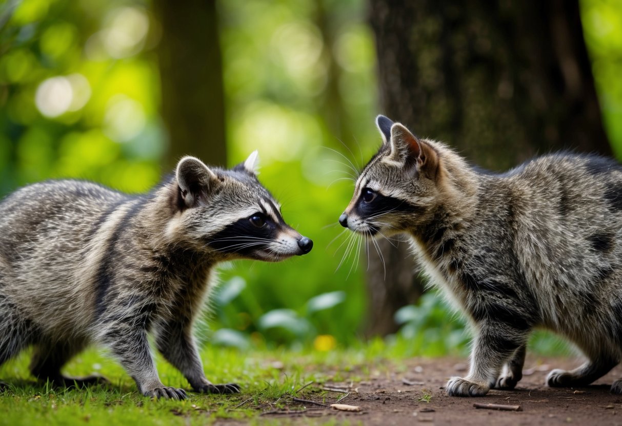 A raccoon and a cat face each other, their curious eyes meeting as they cautiously approach one another in a lush, wooded area