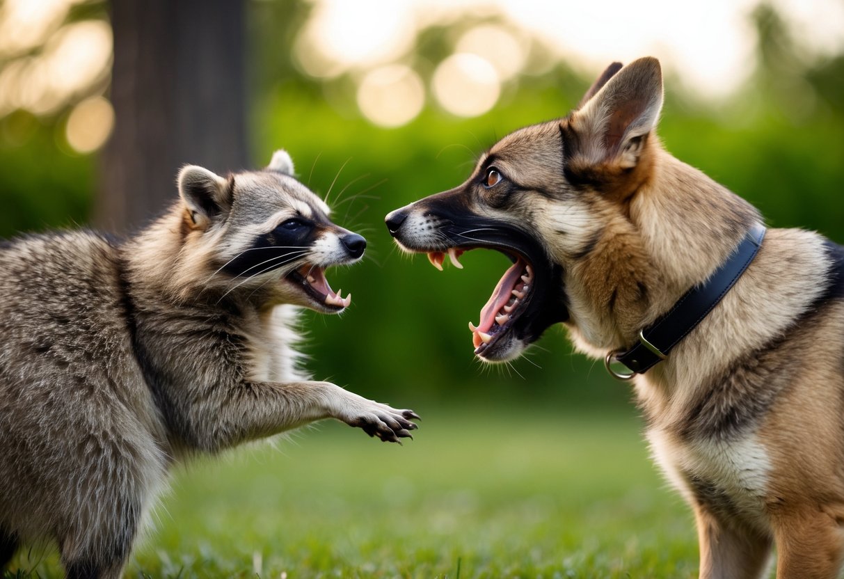 A dog fiercely defending its territory against a raccoon, baring its teeth and growling with raised fur