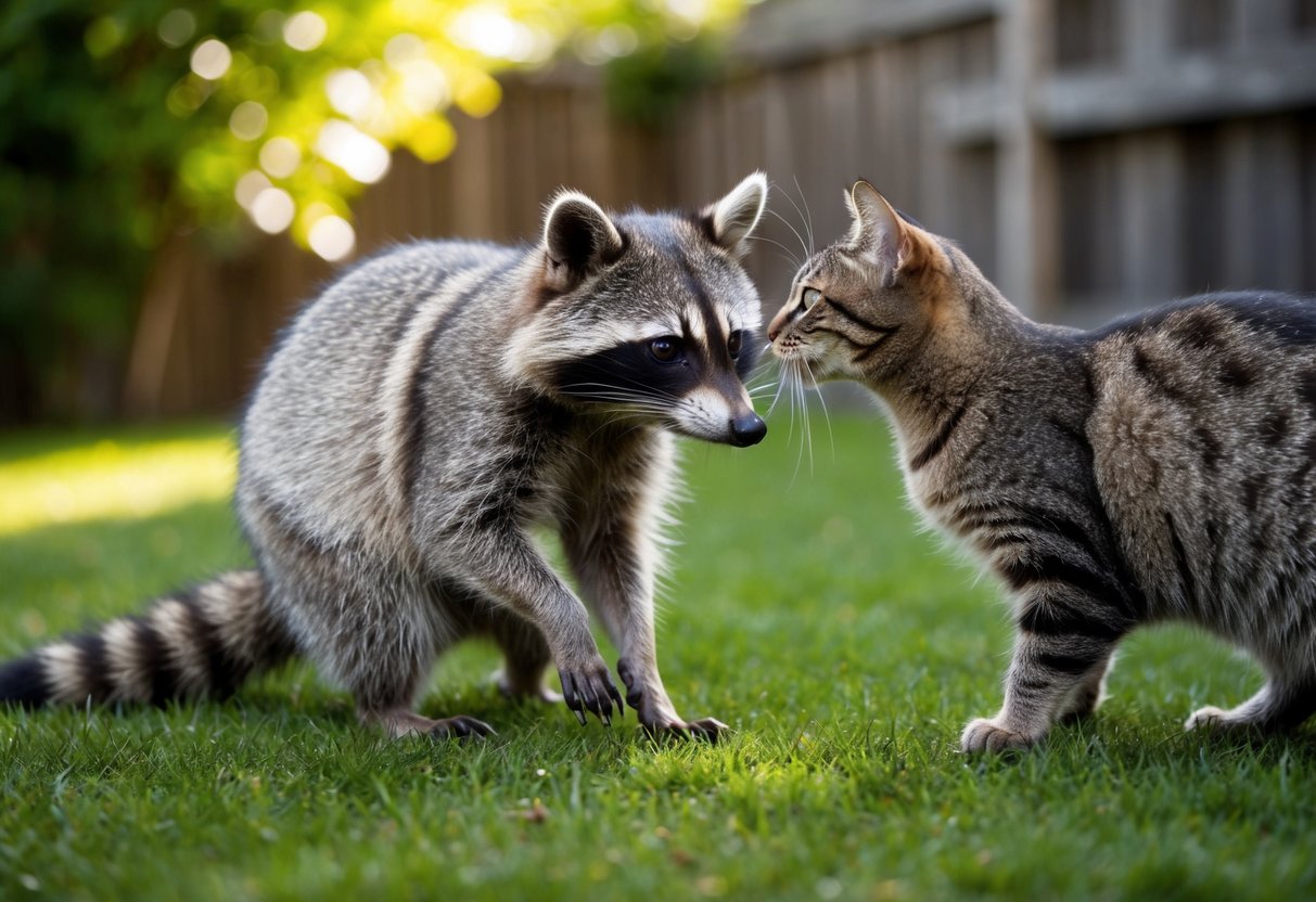 A raccoon and a cat cautiously interact in a backyard, sniffing and observing each other with curiosity