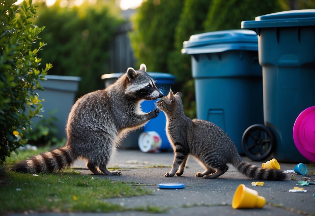 A raccoon and a cat cautiously sniff each other in a backyard, surrounded by scattered trash cans and overgrown bushes