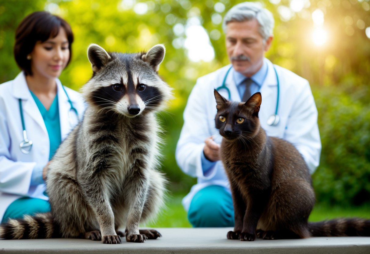 A raccoon and a cat sit side by side, with a veterinarian in the background giving advice on preventive measures for pet owners