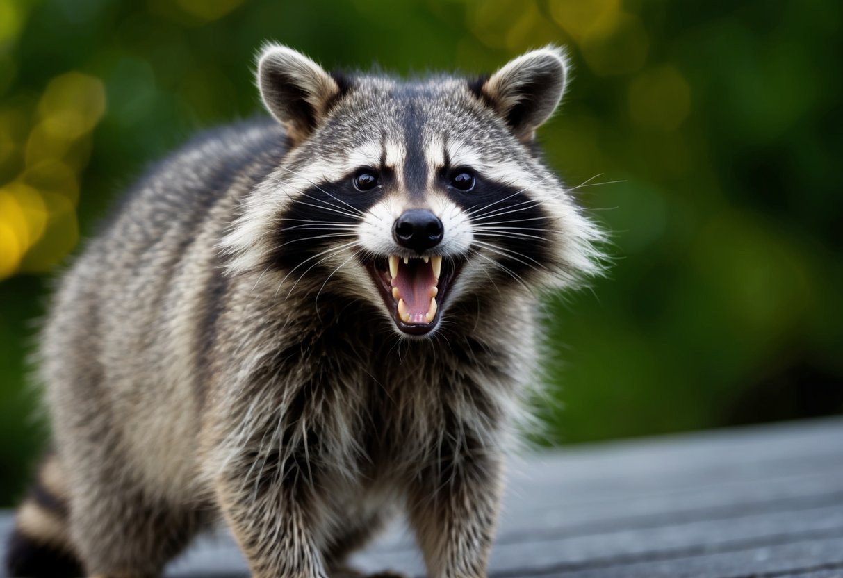 A raccoon with raised fur and bared teeth, foaming at the mouth