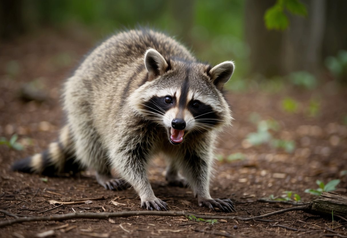 A raccoon with aggressive behavior, foaming at the mouth, and displaying disorientation in a wooded area