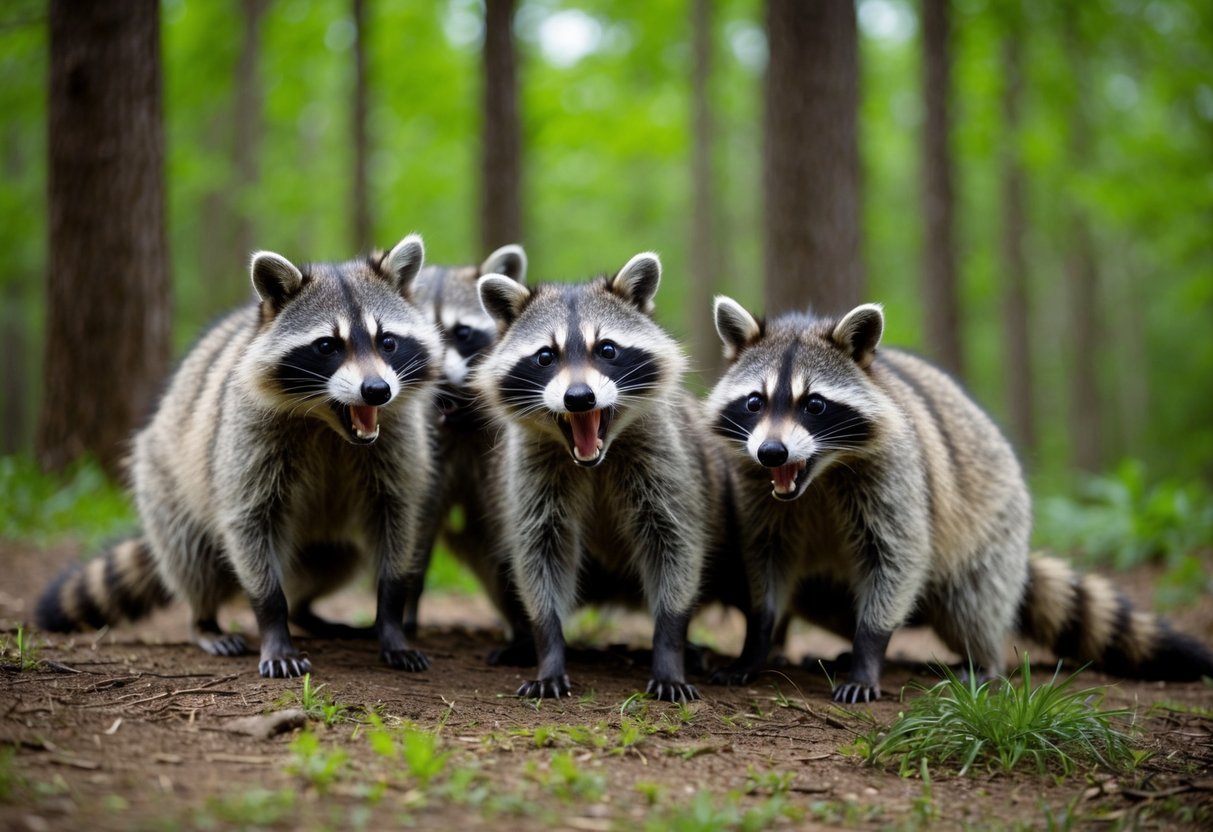 A group of raccoons in a forest, one foaming at the mouth and displaying aggressive behavior