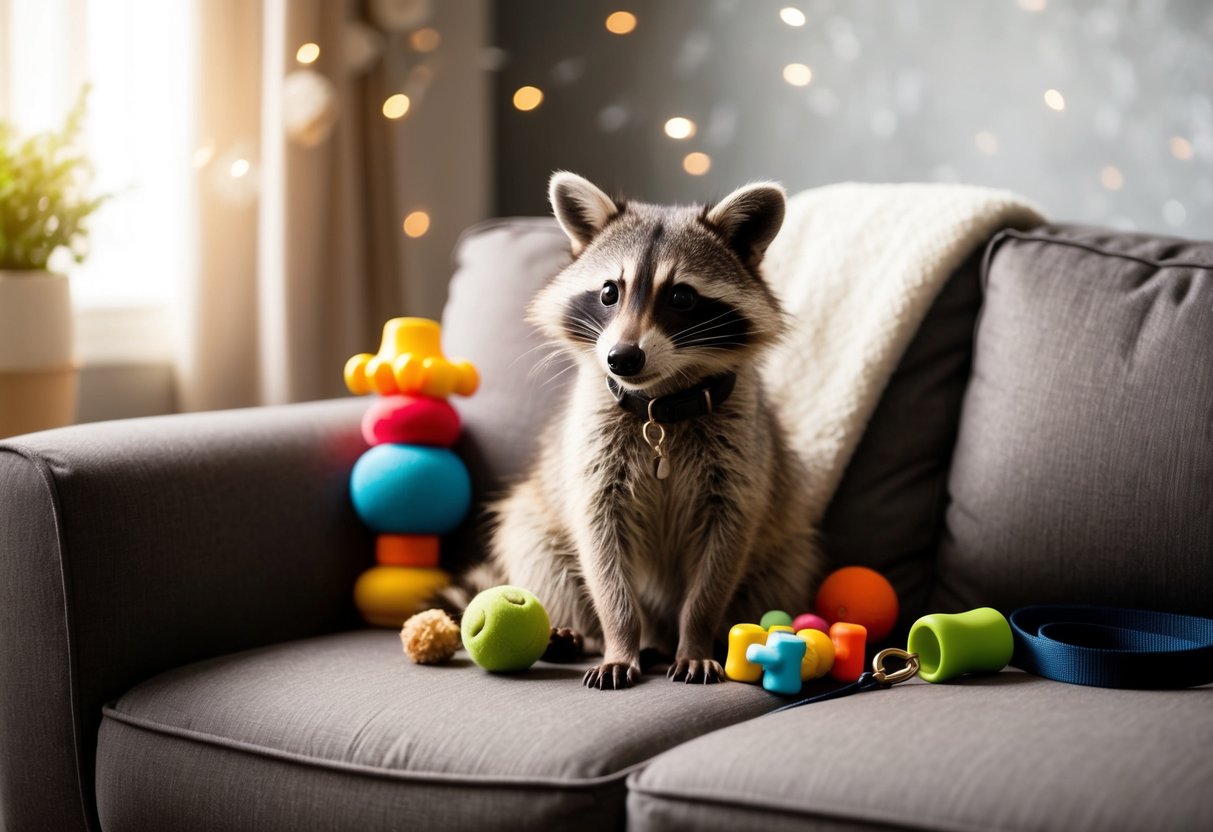 A raccoon sits on a cozy couch, surrounded by toys and treats. It looks content, with a collar around its neck and a leash nearby