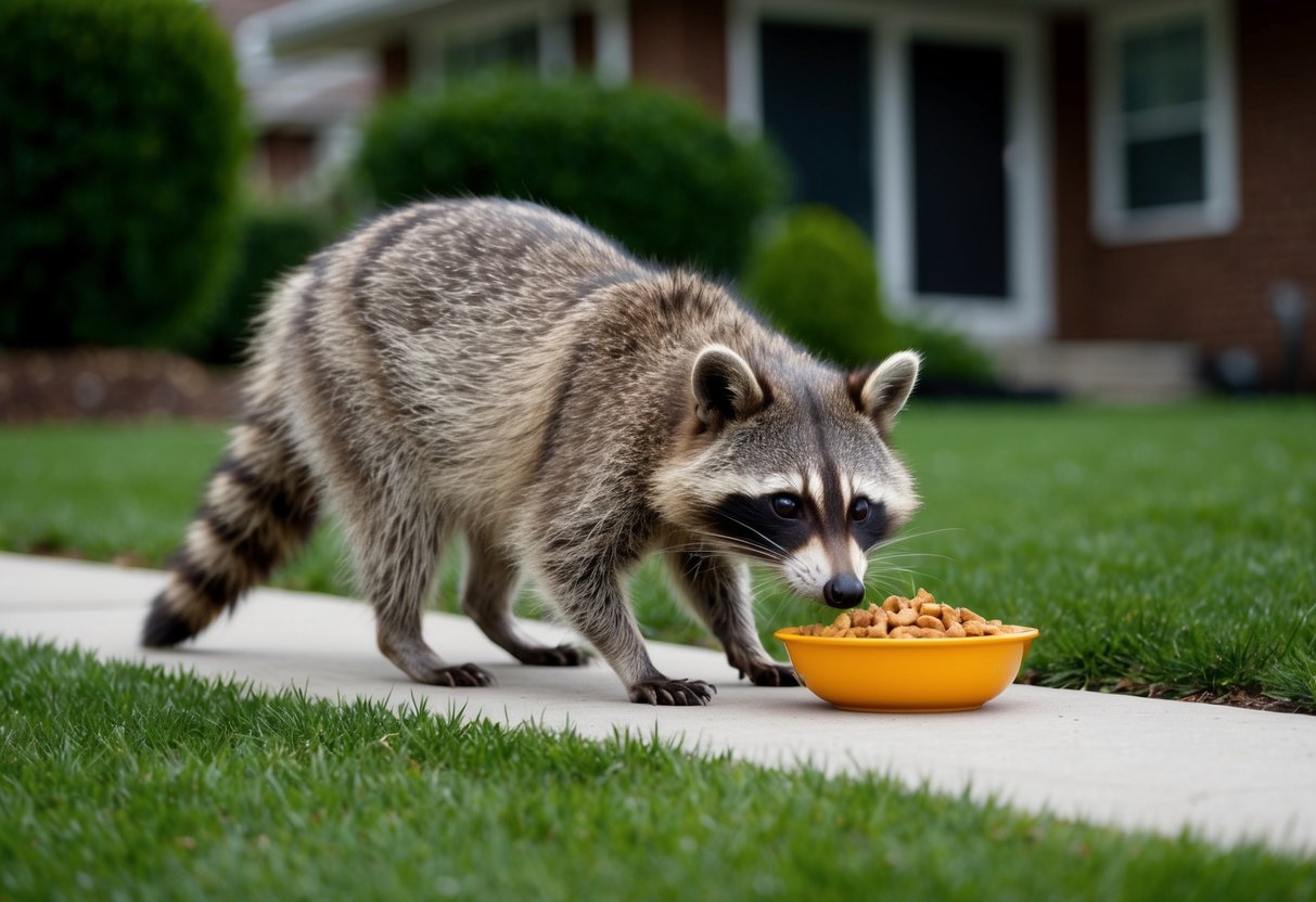 A raccoon cautiously approaches a suburban backyard, eyeing a bowl of food left out by a curious homeowner. The raccoon's wild nature is evident in its wary yet curious expression