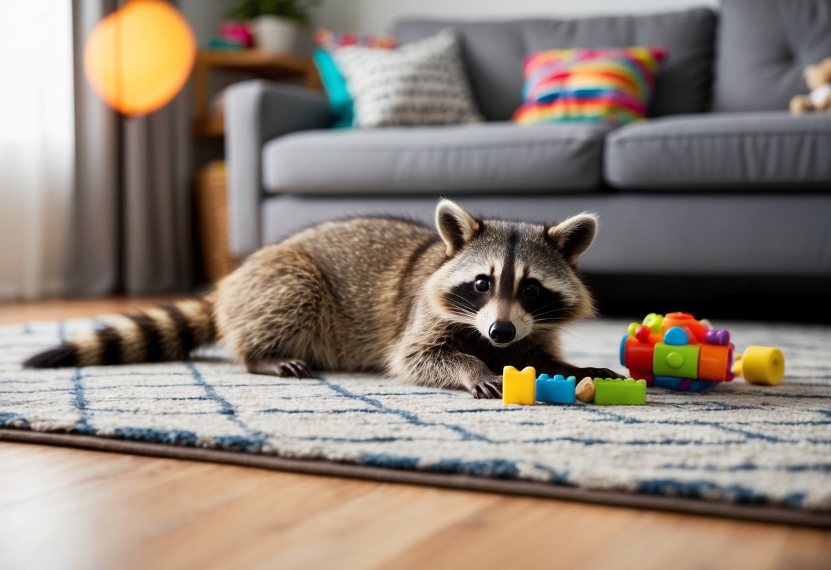A raccoon lounges on a cozy living room rug, surrounded by toys and treats